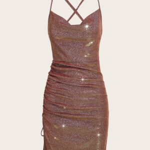 Crisscross Backless Ruched Glitter Bodycon Dress