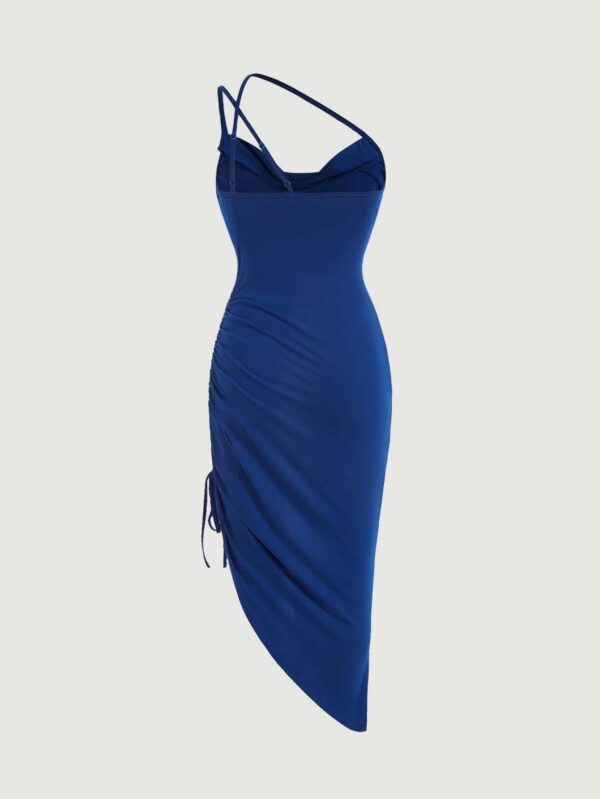 Draped Collar Asymmetrical Hem Ruched Dress - Image 3