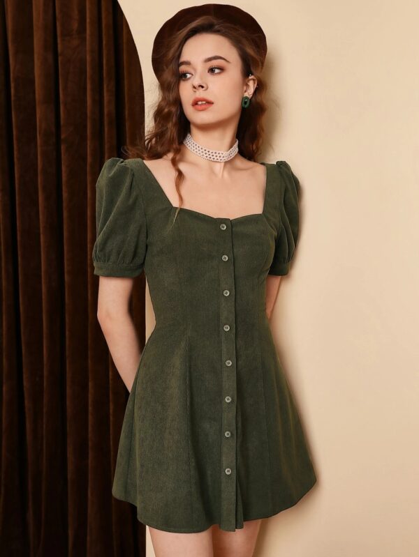 Puff Sleeve Button Front Dress - Image 3