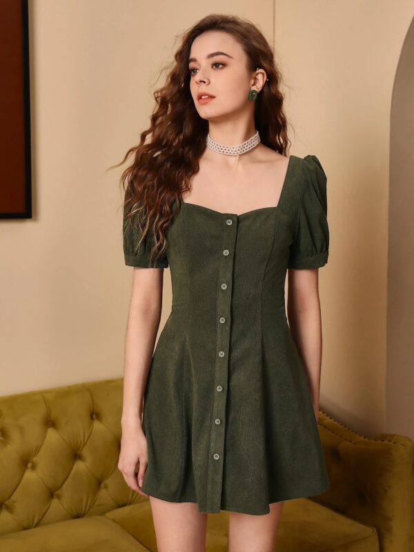 Puff Sleeve Button Front Dress - Image 4